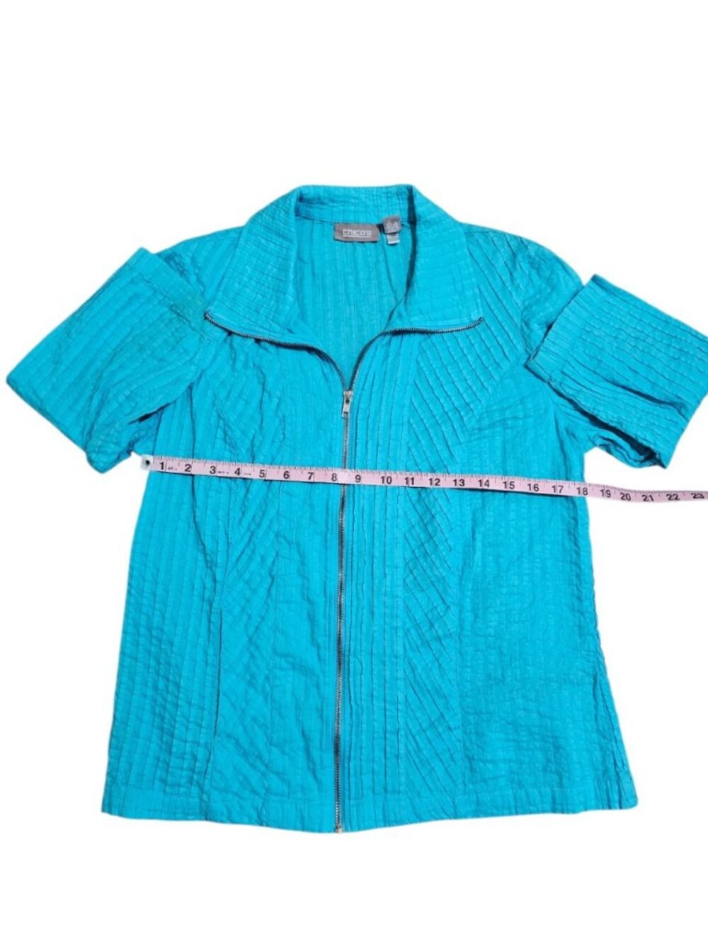 Chico's Women Size 2 Top Jacket Turquoise Cotton Pleated Full Zip Archive Luxury - Picture 5 of 6